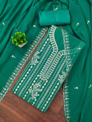 Women's sea green embroiderd georgette dress material 1
