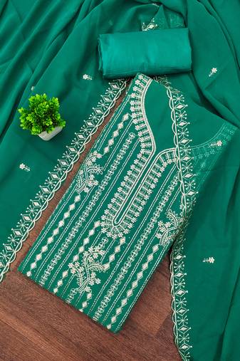 Women's sea green unstitched embroiderd georgette dress material 