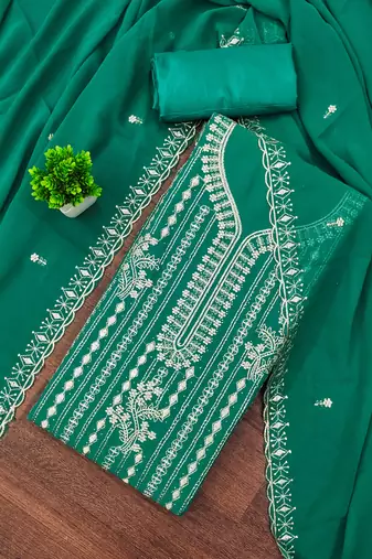Women's sea green unstitched embroiderd georgette dress material 