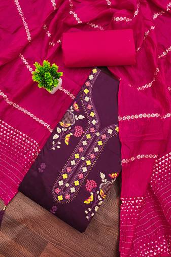 Women's purple unstitched embroiderd jaam cotton dress material 