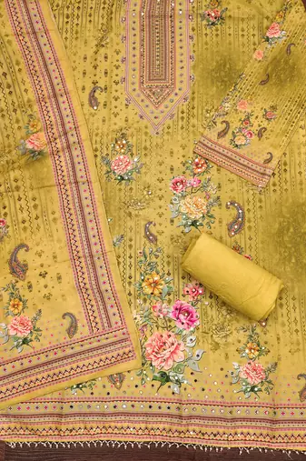 Women's yellow printed muslin cotton dress material