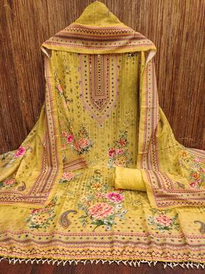 Women's yellow printed muslin cotton dress material 3