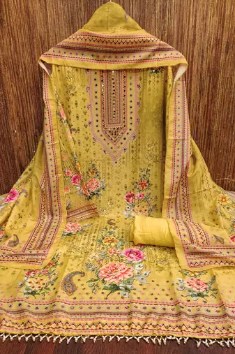 Women's yellow printed muslin cotton dress material