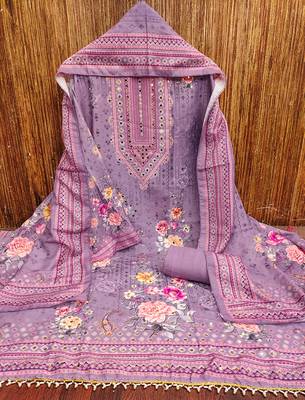 Women's purple printed muslin cotton dress material 3