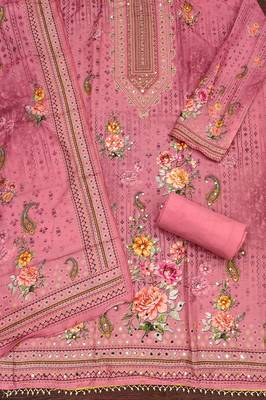 Women's pink printed muslin cotton dress material 2