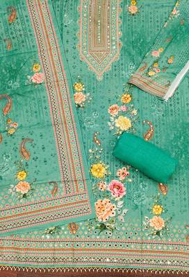 Women's green printed muslin cotton dress material 2