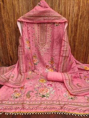 Women's pink printed muslin cotton dress material 3