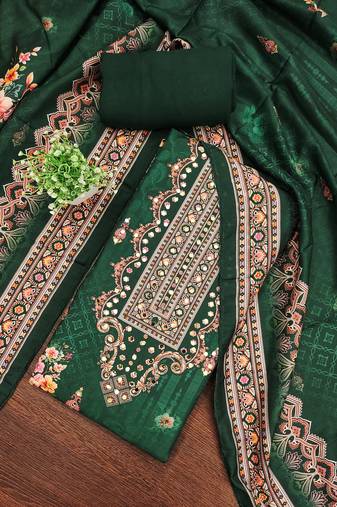 Women's green unstitched printed muslin cotton dress material 