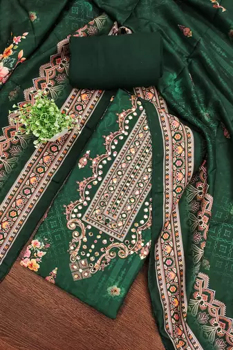 Women's green unstitched printed muslin cotton dress material 