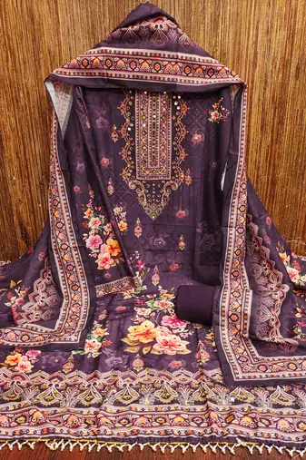 Women's voilet printed muslin cotton dress material