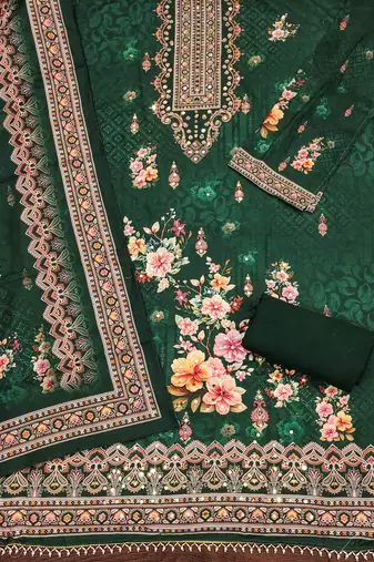 Women's green printed muslin cotton dress material