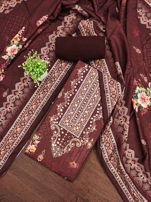 Women's brown printed muslin cotton dress material 1