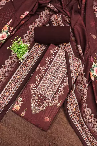 Women's brown unstitched printed muslin cotton dress material 