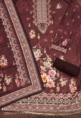 Women's brown printed muslin cotton dress material 2
