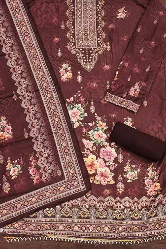 Women's brown printed muslin cotton dress material