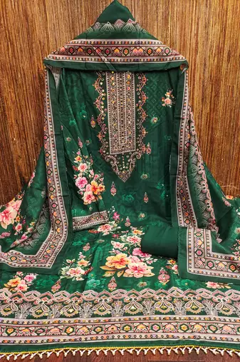Women's green printed muslin cotton dress material
