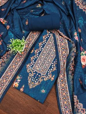 Women's blue printed muslin cotton dress material 1