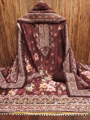 Women's brown printed muslin cotton dress material 3