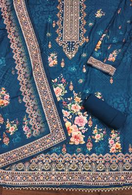 Women's blue printed muslin cotton dress material 2