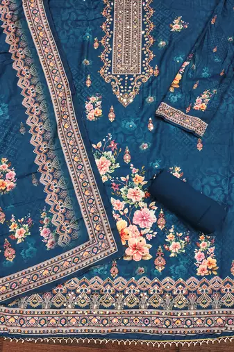Women's blue printed muslin cotton dress material