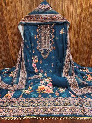 Women's blue printed muslin cotton dress material 3