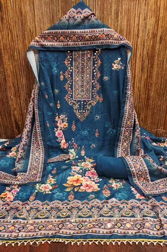 Women's blue printed muslin cotton dress material