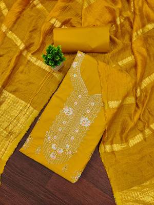 Women's yellow embroiderd pc cotton dress material 1