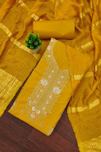 Women's yellow unstitched embroiderd pc cotton dress material 