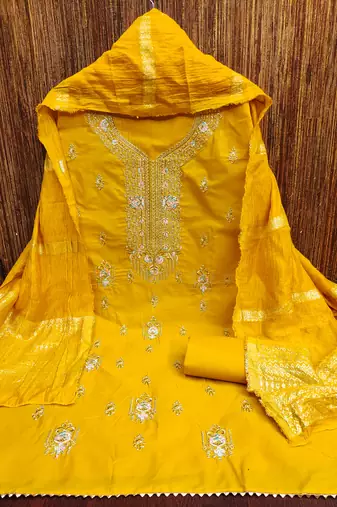Women's yellow embroiderd pc cotton dress material