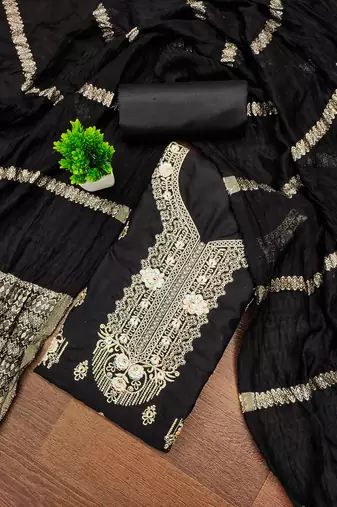 Women's black unstitched embroiderd pc cotton dress material 
