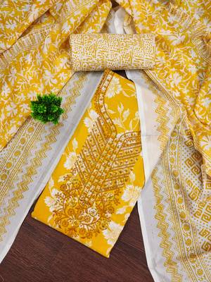 Women's yellow gala work cotton dress material 1