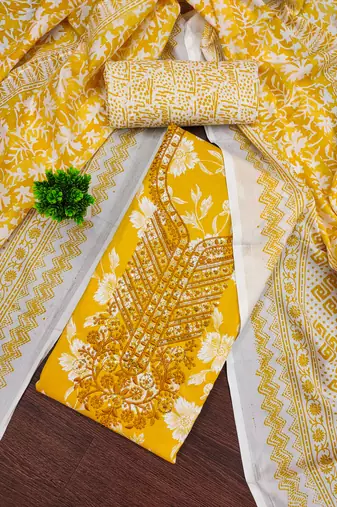 Women's yellow unstitched gala work cotton dress material 