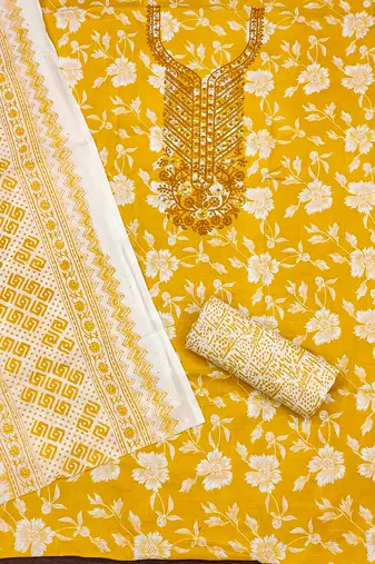 Women's yellow gala work cotton dress material