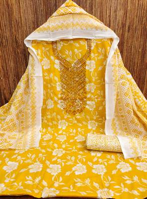 Women's yellow gala work cotton dress material 3