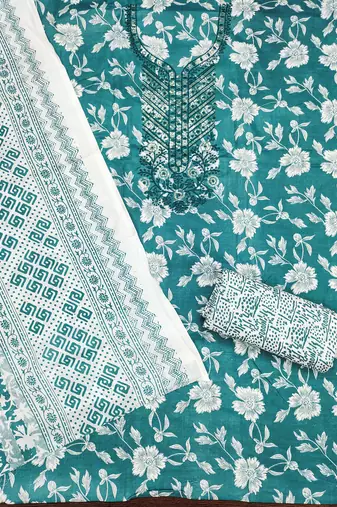 Women's sea green gala work cotton dress material