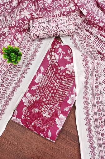 Women's magenta unstitched gala work cotton dress material 