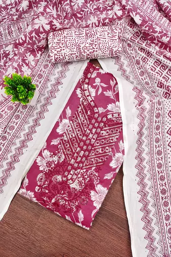 Women's magenta unstitched gala work cotton dress material 