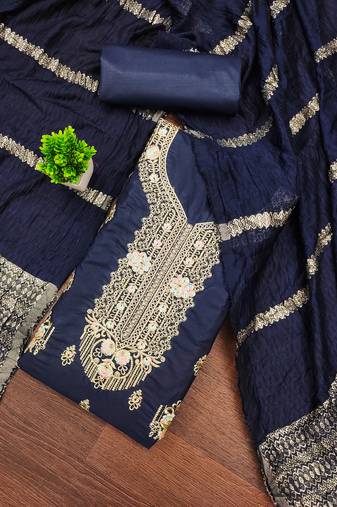 Women's blue unstitched embroiderd pc cotton dress material 