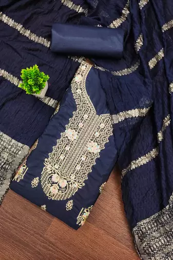 Women's blue unstitched embroiderd pc cotton dress material 