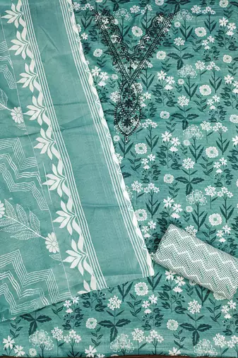 Women's sea green gala work cotton dress material