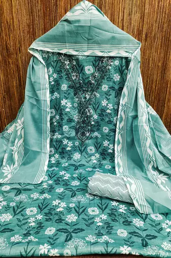 Women's sea green gala work cotton dress material