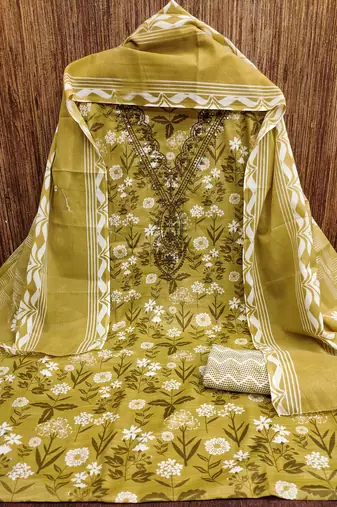 Women's mehandi gala work cotton dress material