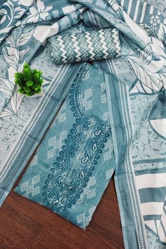 Women's sea green unstitched gala work cotton dress material 