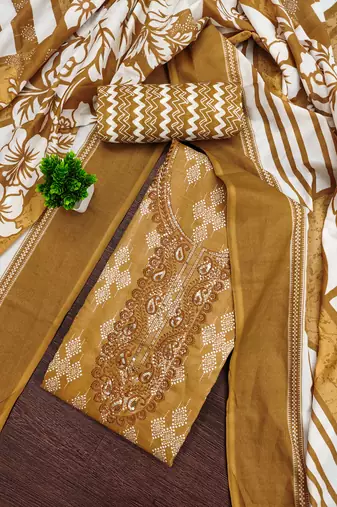 Women's beige unstitched gala work cotton dress material 