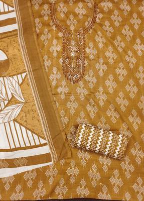 Women's beige gala work cotton dress material 2