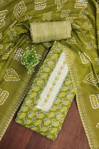 Women's green unstitched gala work cotton dress material 