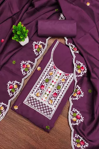 Women's purple unstitched embroidered cotton dress material 
