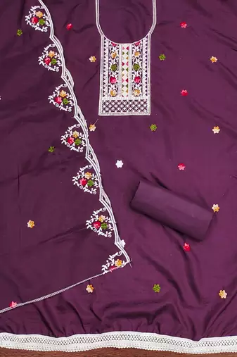 Women's purple embroidered cotton dress material