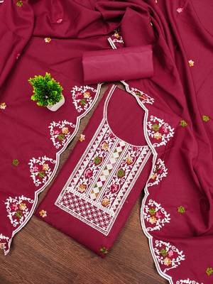 Women's maroon embroidered cotton dress material 1