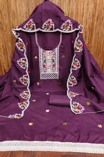 Women's purple embroidered cotton dress material